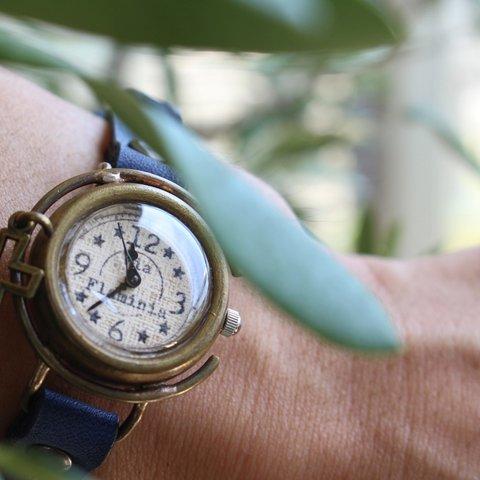 手作り腕時計　Via Flaminia(レトロBlack 十字架付 & Navy Blueシングル)  --- アンティークでシンプルな男性、女性兼用腕時計。ベルトは牛革を使用。