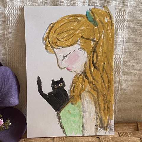 絵画。原画手描き【女の子とかわいい猫】04