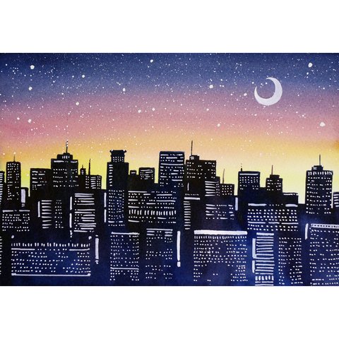 【原画】Illuminations of the city（水彩画）★星空 街 風景画 絵画インテリア プレゼントに