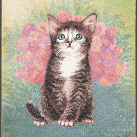 ねこのむぎとピンクの花　複製画