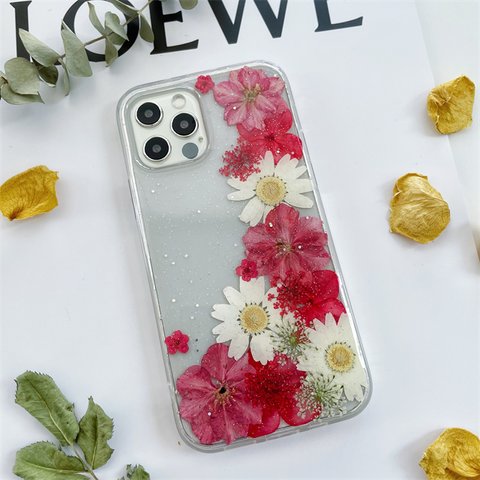 紫陽花と千鳥草 押し花スマホケース、全機種対応、手帳型、四隅にショルダーホール、iPhone15、iPhone14、iPhone15Pro、iPhone14Pro 、GooglePixel