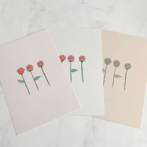 【3本薔薇】6枚　 ポストカード    メッセージカード　はがき　イラスト　デザイン　ペーパー　用紙　紙もの　絵はがき　花　自然