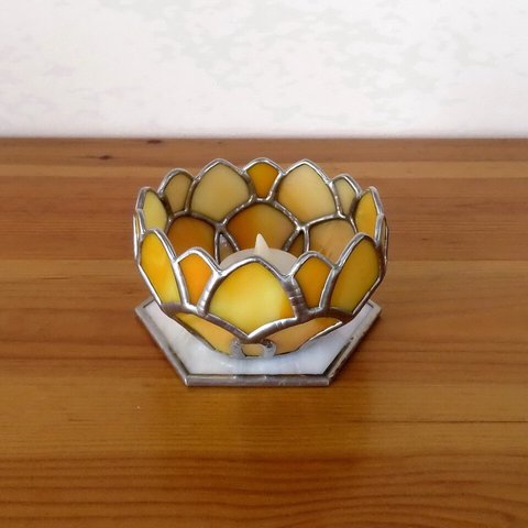オレンジローズ・バラのミニランプ（ステンドグラスランプ）ガラス照明