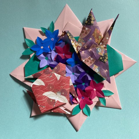 折り紙リース 鶴と亀　桔梗　秋　敬老の日　お祝い　壁面飾り 施設 病院 保育園