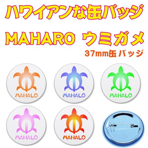 【イラスト缶バッジ】ハワイアンな缶バッジ　MAHALOウミガメ　37ｍｍ