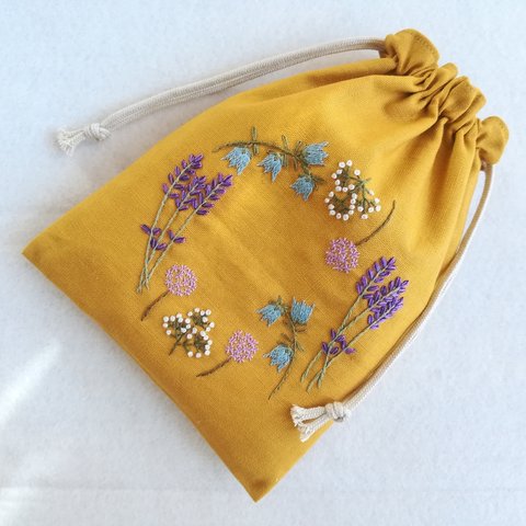 May flower wreath mini pouch (mustard)✿刺繍巾着袋コットン100%