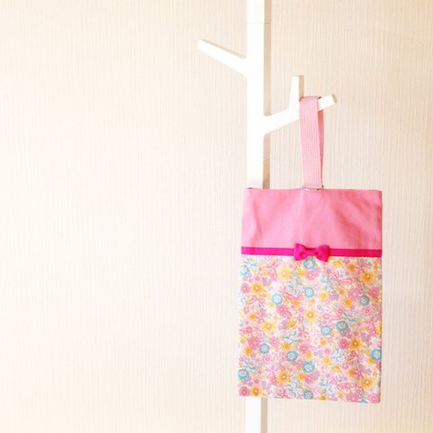 シューズ袋　リボンと花柄｜ピンク