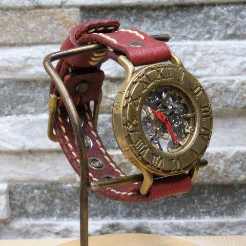 機械式手作り腕時計　Via Ostiensis(十字架レトロ時計 アンティークケース Red)   --- アンティークでシンプルな男性、女性兼用腕時計。ベルトは牛革を使用。