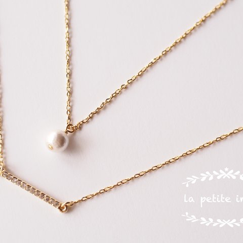 [2連ネック] Crystal Stick & Pearl Necklace Set