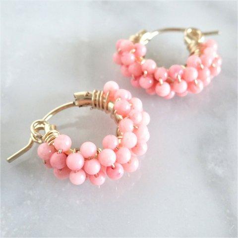 送料無料14kgf*Pink Coral pavé pierced earring / earring