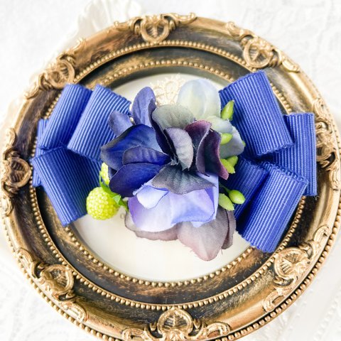 紫陽花のひだリボンヘアクリップ/ロイヤルブルー