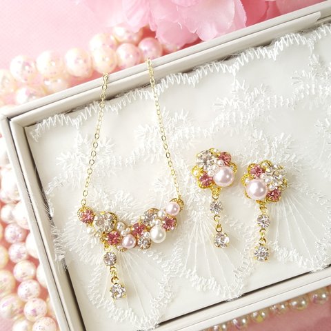 【春】桜色pink ふんわり華やか ライトローズ♡ピアス*ネックレス♡セット