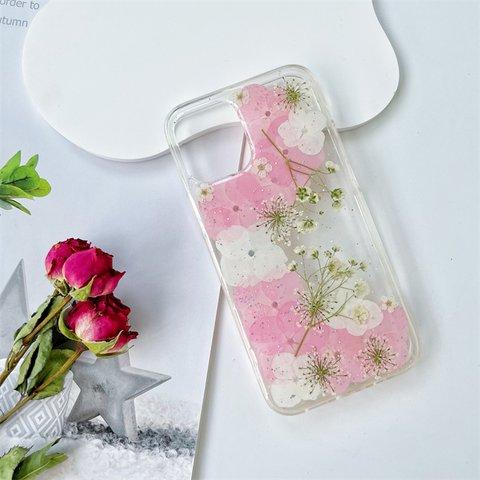 紫陽花とかすみ草、押し花スマホケース、全機種対応、スマホリング、ストラップホルダ一、手帳型、iPhone14、iPhone14plus、iPhone14Pro、iPhone14promax