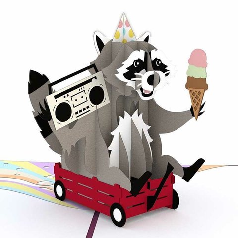 ポップアップグリーティングカード　Party Raccoon