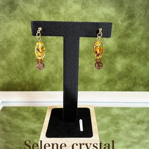 花アンバー　天然琥珀　ピアス　おすすめ　琥珀ピアス　　Selene crystal