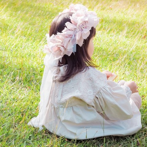 ふんわりリボンクラウン 花柄くすみピンク ❀　100日祝い　花冠　ヘッドドレス　ハーフバースデー　ファーストバースデー　誕生日　出産祝い　結婚式