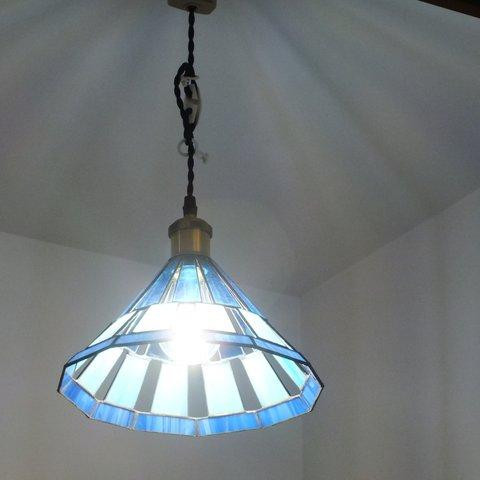 薄青の格子ランプ（白色ＬＥＤ電球は含まず。ステンドグラス）43　
