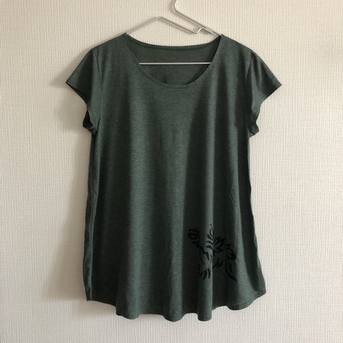 1点もの♡ステンシル★深グリーン★フレンチスリーブチュニック半袖Tシャツ