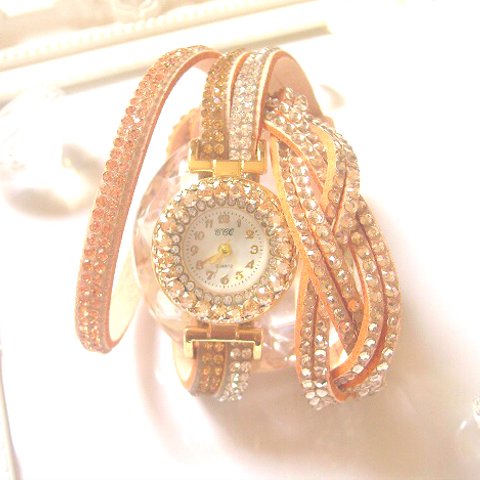 leather bracelet jewel watch ・beige