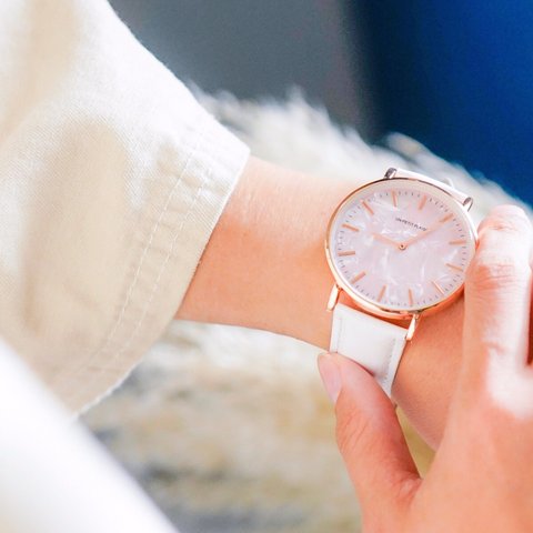 【パールピンクが可愛い】腕時計 シンプル ホワイト レディース メンズ レザー ベルト交換可能 クリスマスにおすすめ