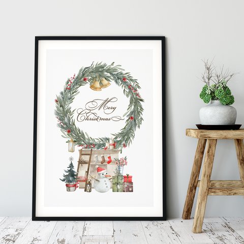 クリスマスポスター【雪だるま】大人気！　休日　星　もみの木 Xmas 暖炉 キャンドル 靴下　Christmasリース 