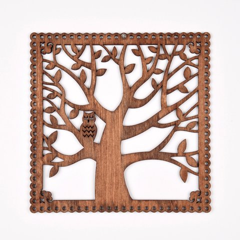 ウッドフレーム「フクロウと木」（木の壁飾り Wooden Wall Decoration）