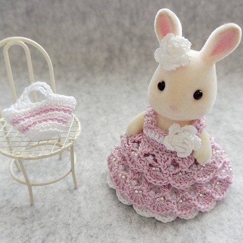 (パープル)ウサギの女の子サイズ レース編みドレス・耳飾り・バッグ セット　シルバニア