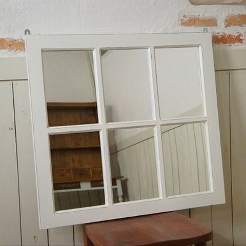 アンティーク調 木製窓枠 鏡 壁掛けミラー シャビー ホワイト 白 6枠