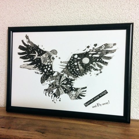 eagle-ver2　鷲　モノトーン　アートポスター 　オリジナルイラスト 　A4/B4