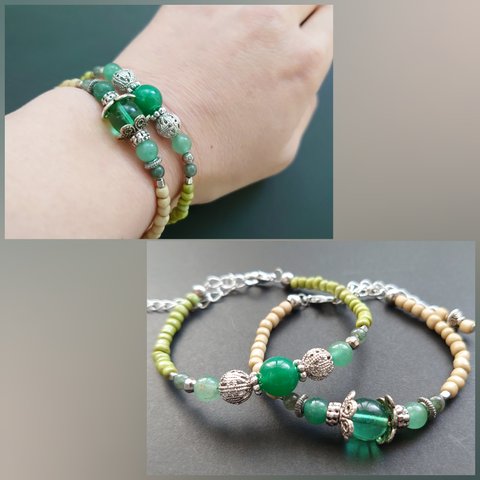 グリーンアベンチュリン × ガラスビーズ ワイヤーブレスレット アジャスター付き １個 / PohonhandmadeJewelry  