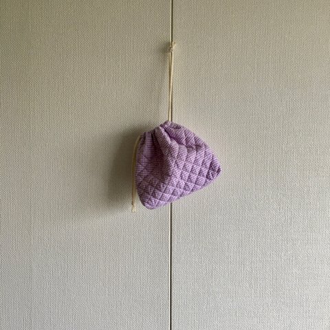 【lavender  pouch】ラベンダーカラーギンガムチェックのキルティング生地で作った巾着袋・ポーチ