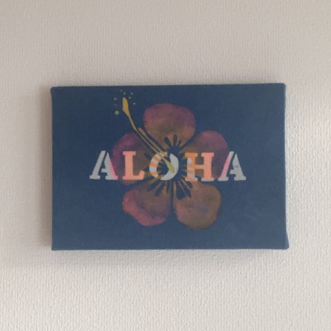 送料無料　"ALOHA"　藍染ファブリックアート 型摺り染 ハイビスカス
