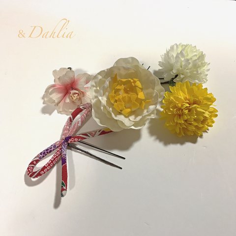 白のツバキの花/髪飾りセット