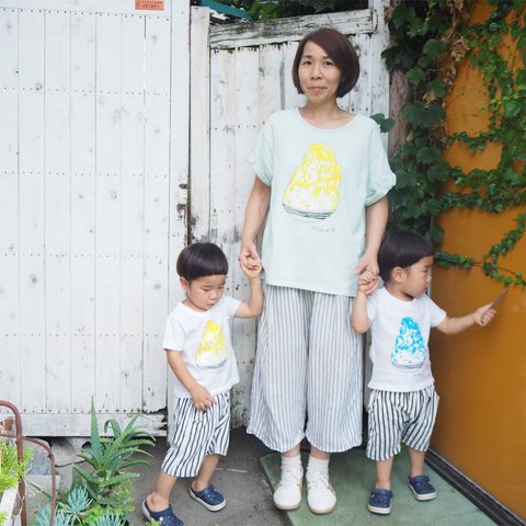 ママとお揃いコーデ3枚セット☆彡 かき氷 レディースゆるふわ＆キッズベビーTシャツ ☆親子リンクコーデ ☆親子ペアTシャツ ☆お得なセット割引☆