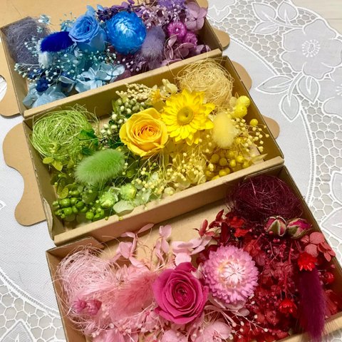 6色カラフルなローズ達＊3箱セット＊ハーバリウム 花材ドライフラワー  花材セット