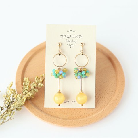 Vintage Yellow×Blue×Green 大ぶり イヤリング・ピアス