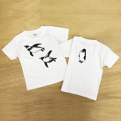 キッズ 泳ぐペンギン 白Tシャツ （インク色選べます）