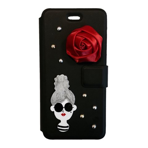 iPhone 6 6s  -MODE LADY- DIARY CASE COVER ( モード レディー スタッズ 薔薇 ローズ 手帳型 スマホ ケース カバー ) ブラック 黒 赤 モノトーン