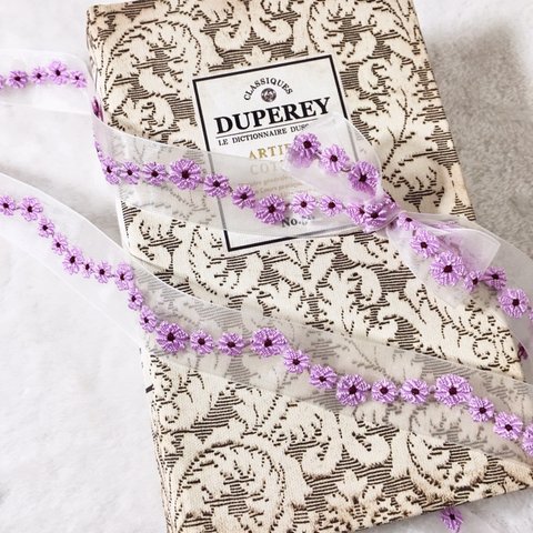 ＊再入荷＊1m 可愛い 花 フラワー 刺繍 オーガンジーリボン テープ パープル BK190351 ハンドメイド 手芸 素材 材料