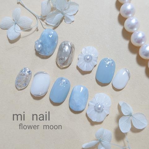 New*°♡ネイルチップ  No.154  水色  ニュアンス ぷっくりお花