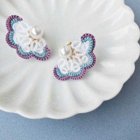 つゆ＊ピアス/イヤリング　タティングレース　パール　ブルー　紫陽花