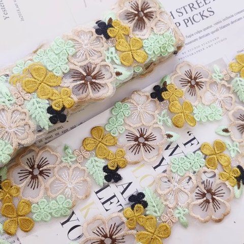 2m  花柄 刺繍 レース リボン ブレード はぎれ  ハンドメイド 手芸 素材