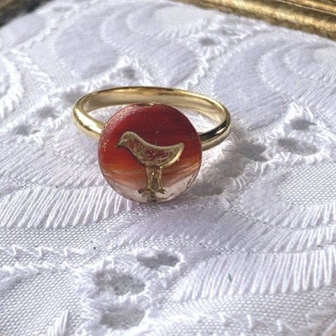 再販【11号フリー💍リング】#czech beads#チェコビーズ　bird12㍉ irregular mable red/bronze