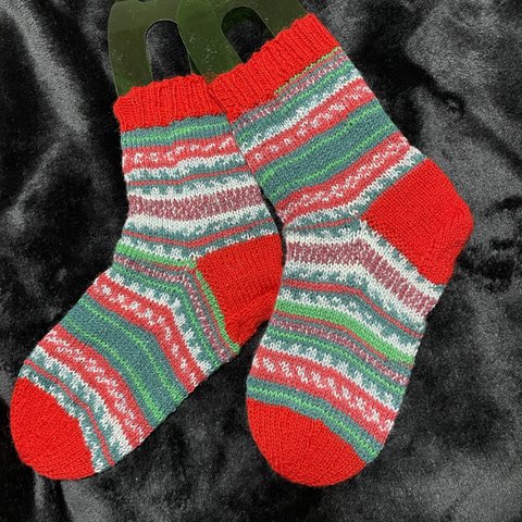 手編みのくつ下 クリスマスカラー