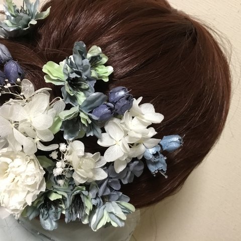 ウェディング髪飾りパーツセットインディゴ桜とホワイトカーネーション