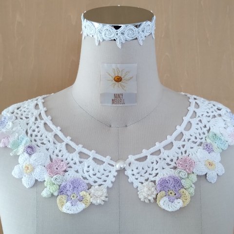 花モチーフ編みの付け衿