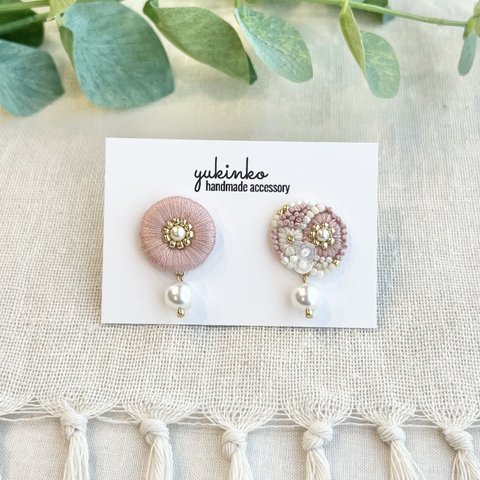 【ピンク】 刺繍 ピアス イヤリング フラワー刺繍