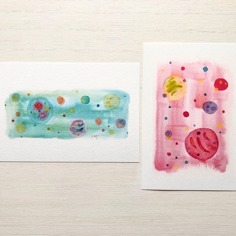 透明水彩画　2枚セット「色玉遊び」 イラストポストカード 水彩　水彩画