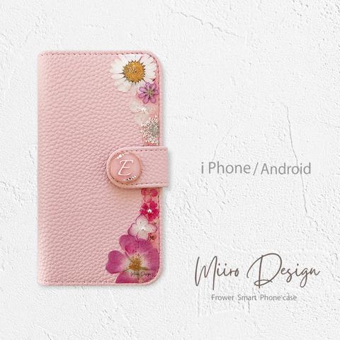 【送料無料】ピンクの花の手帳型スマホケース／イニシャルリング付＊バラ＊全機種対応＊iPhone・アンドロイド【003】