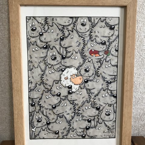 【羊とオオカミくん達】羊　オオカミ　動物　絵　原画　アート